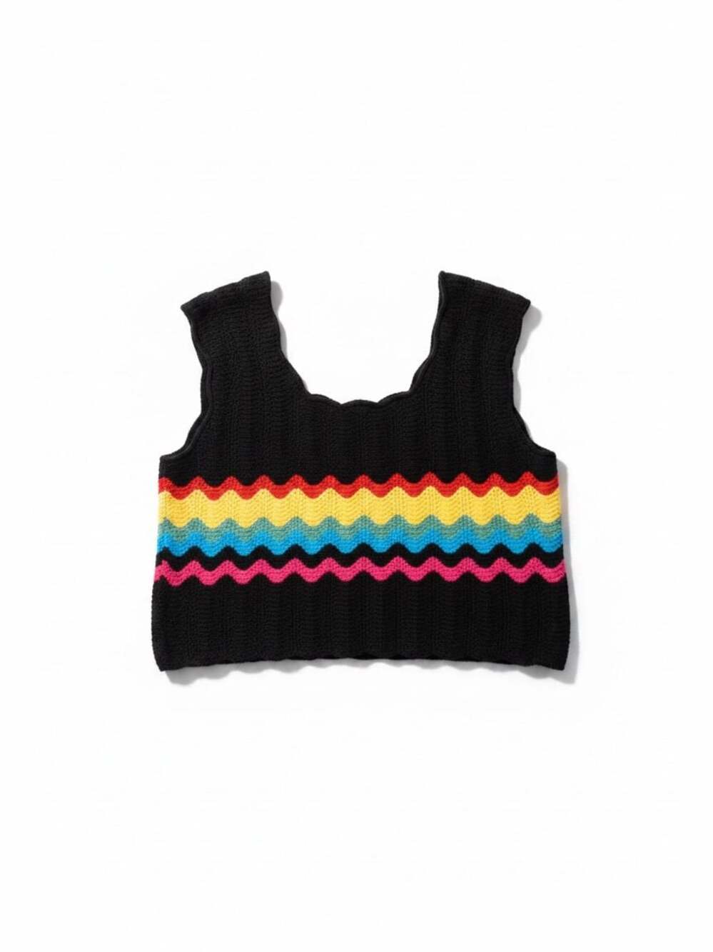 Cider Black Rainbow Wave Knit Tank Top Scalloped Trim Size L